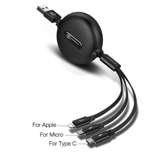 Fast Charging 3 In 1 Cable - Type C, USB, Lightning cable for Iphone beachysalt Black 120cm 