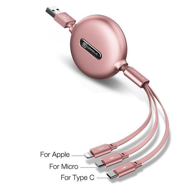 Fast Charging 3 In 1 Cable - Type C, USB, Lightning cable for Iphone beachysalt Pink 120cm 