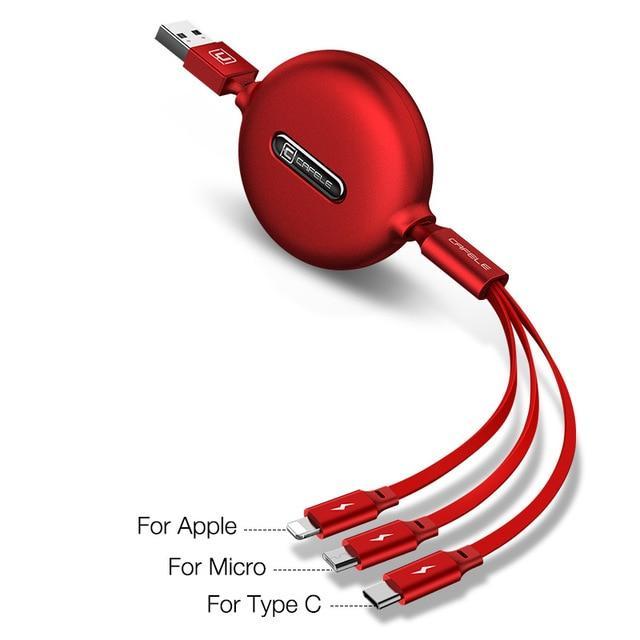 Fast Charging 3 In 1 Cable - Type C, USB, Lightning cable for Iphone beachysalt Red 120cm 